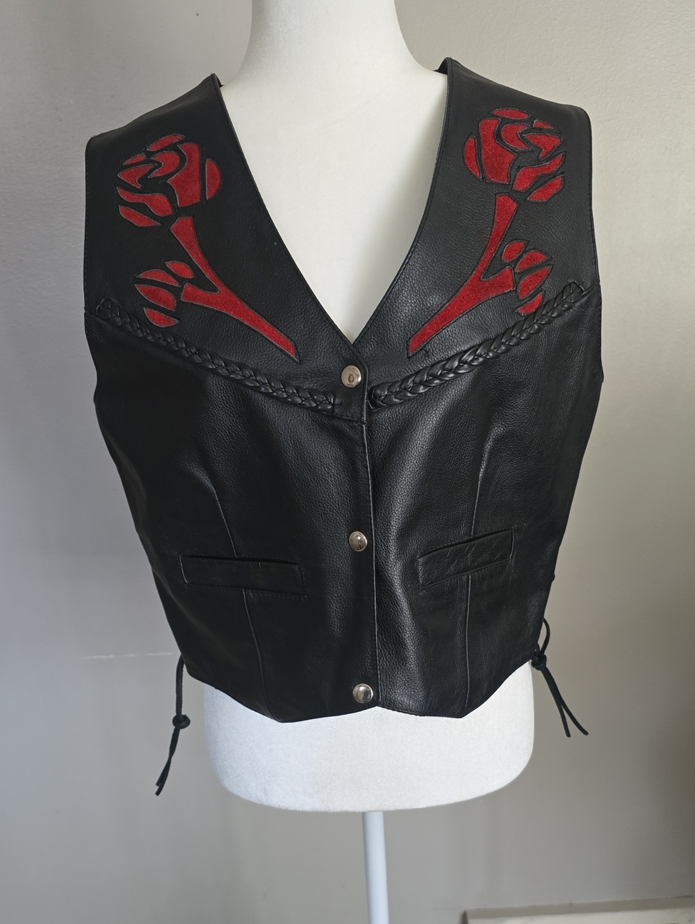 Vintage Black Leather Vest with Red Rose Appliqué